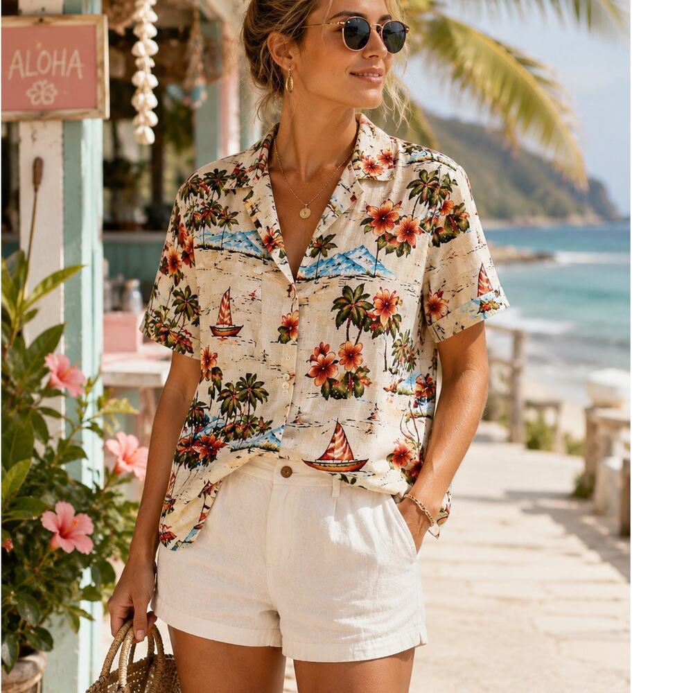 Vintage Tropical Hawaiian Aloha Shirt Beachy Boho Rayon Floral Island Print L